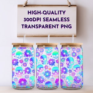 May include: Three clear glass tumblers with a colourful pattern of skulls and flowers. The tumblers have a wooden lid and a straw.