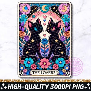 Carta del Tarot de los Enamorados (PNG), Diseño de sublimación de gatos enamorados, Camiseta de moda con tarot gótico de los amantes con vibraciones de bruja, Taza con gato negro (PNG), Descargar