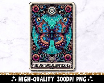 Antisocial fjärilstarotkort PNG, rolig sublimeringsdesign, populär neurodivergent ångest introvert häxig t-shirt PNG-nedladdning