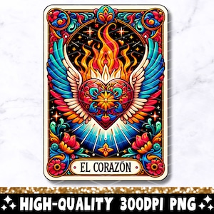 El Corazón Tarot Karte PNG, Brennendes Herz Flügel Sublimationsdesign, Spanisch Mexikanisches Heiliges Herz Latein T-Shirt Becher Loteria PNG, Herunterladen
