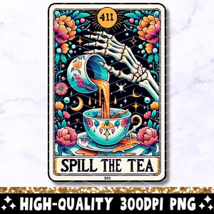 Verschütten Sie den Tee Lustige Tarot-Karte PNG, sarkastisches Skelett-Sublimationsdesign, cooles populäres trendiges freches Hexen-Tarot PNG, digitaler Download