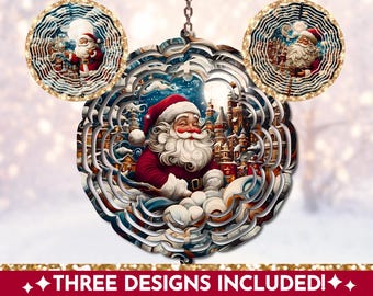 May include: Three layered, spinning Christmas ornaments featuring Santa Claus in a red suit with a white beard and a snowy winter scene. The ornaments are gold and silver with a glittery finish.