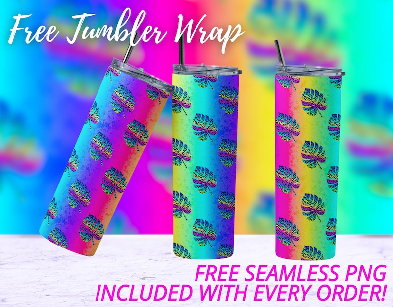 May include: Three stainless steel tumblers with a rainbow ombre design and a tropical leaf pattern. The tumblers are on a white surface with a blurred background. Free Seamless PNG Included with Every Order!