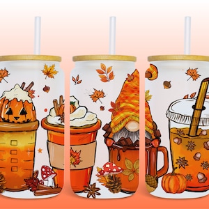 Cute Fall 16oz Glass Can Wrap, Digital Download UV DTF Sublimation Design, 16oz Autumn Halloween Gnome Glass Jar Tumbler Libbey Wrap PNG