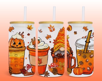 Cute Fall 16oz Glass Can Wrap, Digital Download UV DTF Sublimation Design, 16oz Autumn Halloween Gnome Glass Jar Tumbler Libbey Wrap PNG