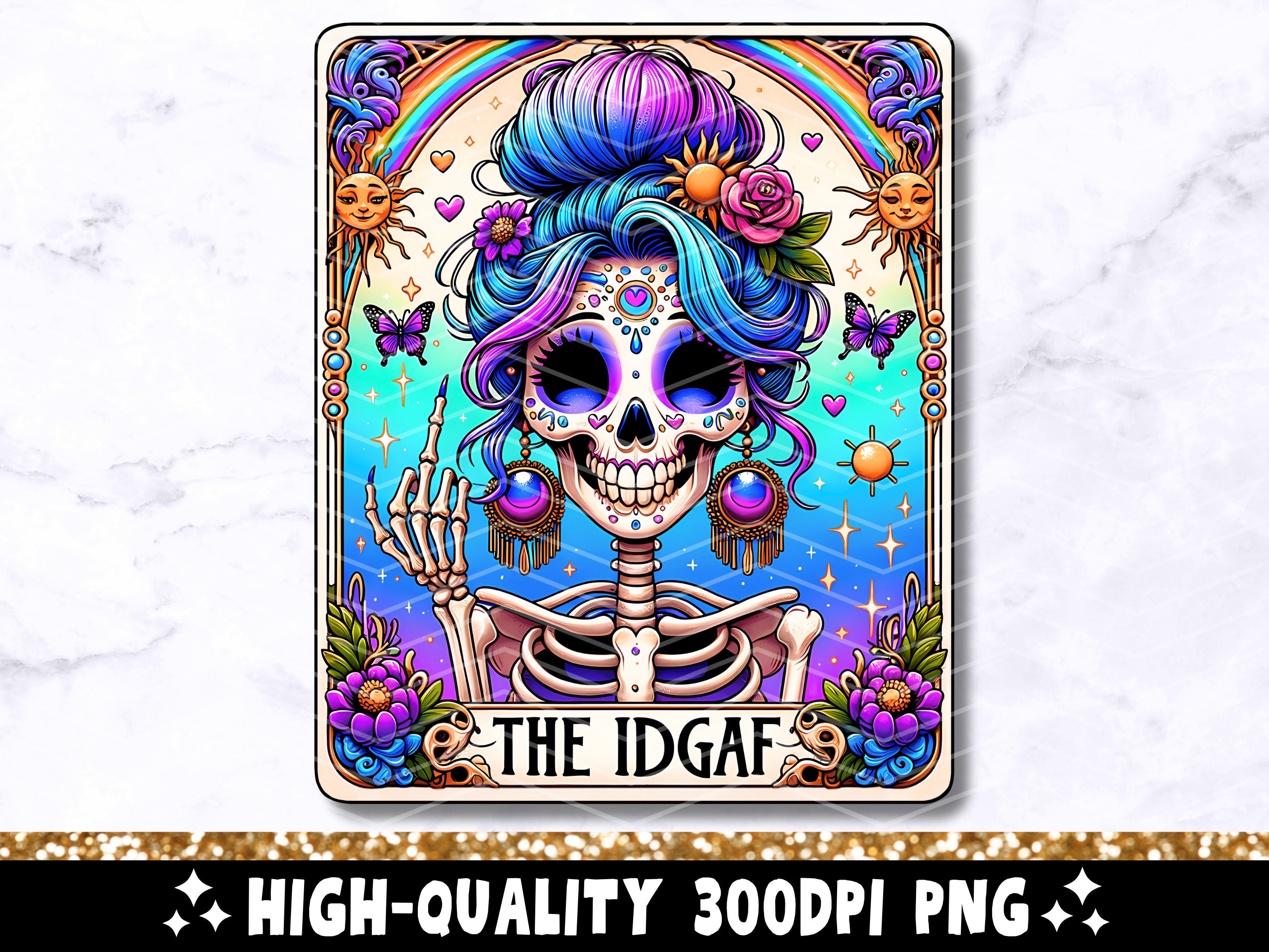 The IDGAF Funny Tarot Card PNG, Sarcastic Sweary Skeleton Skull