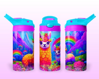 Baby Llamas And Rainbows 12oz Kids Flip Top Sippy Cup Tumbler Wrap, 12oz Straight Tumbler Sublimation PNG, Children's Tumbler Wrap For Girls