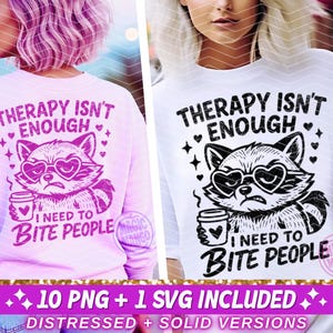 Mapache divertido SVG PNG con la frase "Necesito morder a la gente", diseño de sublimación sarcástico y humorístico para adultos, descarga de archivo de corte de camiseta PNG SVG retro de moda