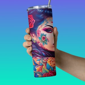 Human hand holding a  tumbler with a  wrap digital design sublimation png.  a beautiful Latina Chicana Chola woman with colorful tattoos in a vintage car.  Latinx Chola tumbler wrap.