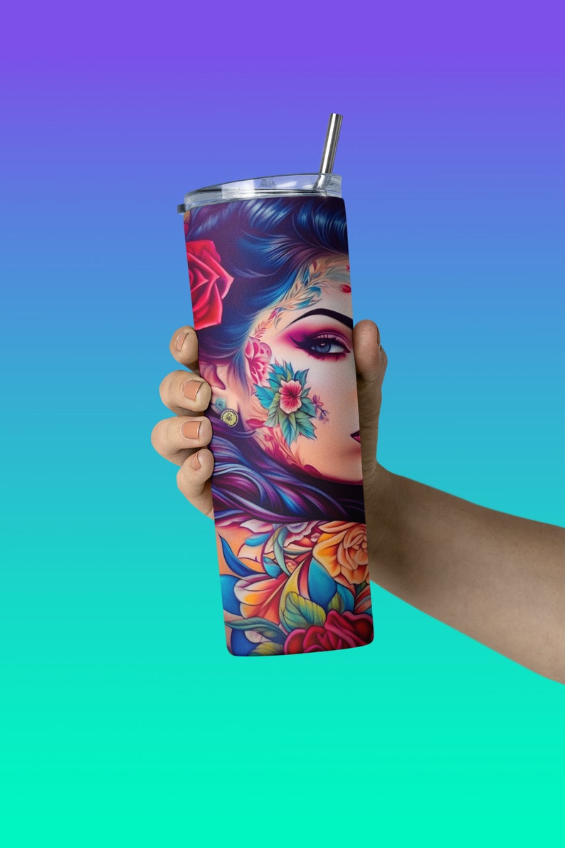 Human hand holding a  tumbler with a  wrap digital design sublimation png.  a beautiful Latina Chicana Chola woman with colorful tattoos in a vintage car.  Latinx Chola tumbler wrap.