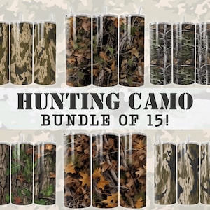 May include: A set of 15 stainless steel tumblers with different camouflage patterns. The tumblers are all the same size and shape, and they have a black lid and a straw. The tumblers are arranged in three rows of five, and they are all on a white background.  "HUNTING CAMO BUNDLE OF 15!"