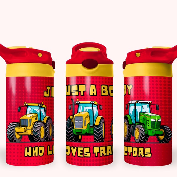 Tractor 12oz Kids Flip Top Sippy Cup Tumbler Wrap, 12oz Straight Tumbler Sublimation PNG, Childrens Tractors Tumbler Wrap Design For Boys