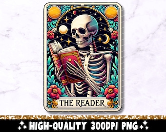 The Reader Tarot Card PNG, Reading Skeleton Sublimation Design, Book Lover Booktrovert Skull Tarot T-shirt Mug PNG File, Digital Download