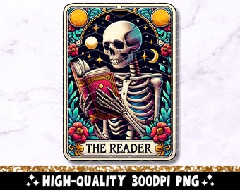 The Reader Tarot Card PNG, Reading Skeleton Sublimation Design, Book Lover Booktrovert Skull Tarot T-shirt Mug PNG File, Digital Download