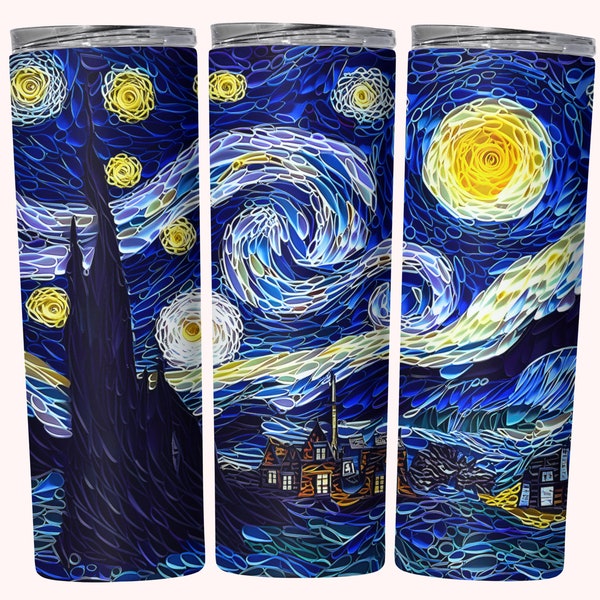 Starry Night Tumbler Wrap, 20oz Skinny Tumbler Sublimation Design PNG, Quilling Art 3D Style, Instant Download, 3D Quilled Paper Art PNG