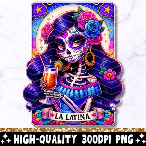 Carta de Tarô La Latina PNG, Design Engraçado de Sublimação Mexicana, Esqueleto de Chingona Espanhola Chola Catrina Crânio Camiseta Caneca Loteria PNG, Baixar