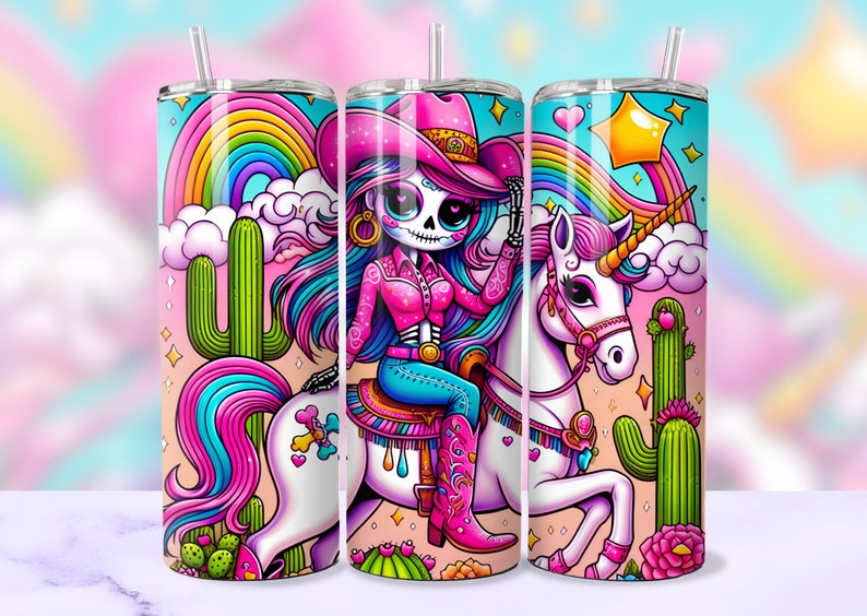20oz skinny tumbler with digital design sublimation wrap png.  the image is a colorful skeleton cowgirl riding a unicorn with a rainbow in the background.  colorful skeleton cowgirl tumbler wrap sublimation png