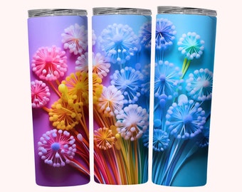Envoltura de vaso de flores de diente de león de colores 3D, diseño de sublimación de vaso delgado de 20 oz, descarga digital instantánea, vaso de diente de león arco iris PNG