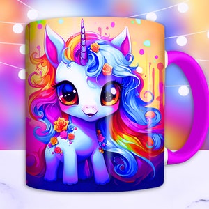 Colorful Neon Baby Unicorn Mug Wrap, 11oz and 15oz Mug Wrap Sublimation Design, Cute Girl Unicorn Rainbow Mug PNG, Instant Digital Download