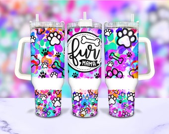 Fur Mama Seamless Paw 40oz Tumbler Wrap PNG, Dog Lover Quencher Cup PNG, Puppy Owner Handle Tumbler Sublimation Design, Digital Download