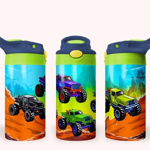 Monster Truck 12oz Kids Flip Top Sippy Cup Tumbler Wrap, 12oz Straight Tumbler Sublimation PNG, Childrens Trucks Tumbler Wrap Design
