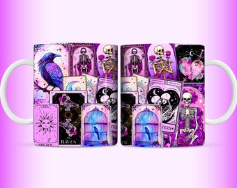 Tarot Cards Mug Wrap, 11oz and 15oz Witchy Vibes Celestial Skeleton Wicca Mug Wrap Sublimation Design PNG, Gothic Mystical Digital Download