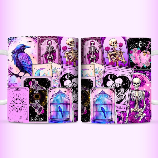 Tarot Cards Mug Wrap, 11oz and 15oz Witchy Vibes Celestial Skeleton Wicca Mug Wrap Sublimation Design PNG, Gothic Mystical Digital Download