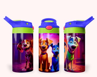 May include: Three blue and green water bottles with a straw lid. Each bottle features a different cartoon dog from the movie PAW Patrol: The Movie. The bottles are on a white background.