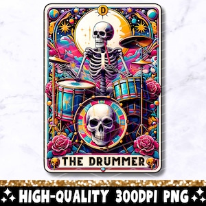 Die Schlagzeuger-Tarot-Karte PNG, Cooles Skelett-Sublimationsdesign, trendiger Schädel-Schlagzeuger Witchy Gothic Tarot-T-Shirt Becher PNG, digitaler Download