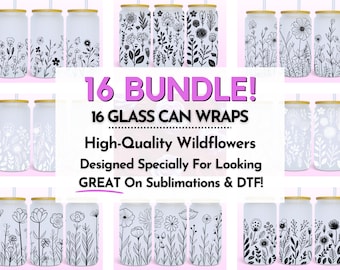 May include: A set of 16 glass can wraps, each with a different black and white wildflower design. The wraps are designed for cans and include bamboo lids and straws. The image includes the text "16 BUNDLE!" and "16 GLASS CAN WRAPS".