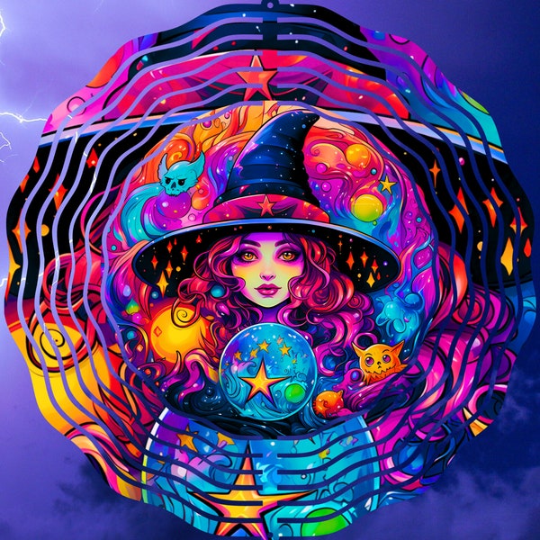 Neon Witch Halloween Wind Spinner PNG, Wind Spinner Sublimation Design, Digital Download, Witchy Woman Windspinner Sublimation Template PNG