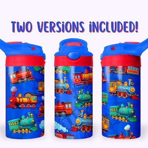 Trains 12oz Kids Flip Top Sippy Cup Tumbler Wrap, 12oz Straight Tumbler Sublimation PNG, Childrens Choo Choo Tumbler Wrap Design For Boys