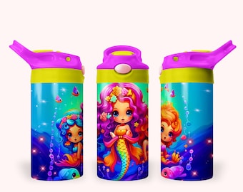 Sirenas 12oz Kids Flip Top Sippy Cup Tumbler Wrap, 12oz Straight Tumbler Sublimation PNG, Childrens Mermaid Tumbler Wrap para niñas