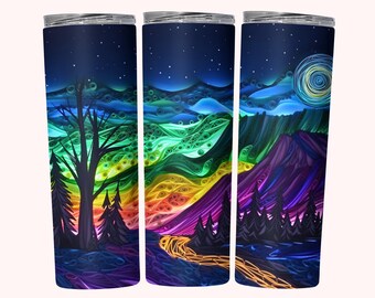 Nordlichter coole 3D Tumbler Wrap, 20 Unzen Skinny Tumbler Wrap Sublimationsdesign, Aurora Borealis Bunte Neon Quilled 3D Tumbler Wrap PNG