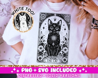 Le chat carte de tarot SVG PNG, conception de sublimation drôle de sorcière de chat noir, conception de T-Shirt d'amant de chat céleste fichier png SVG, téléchargement numérique