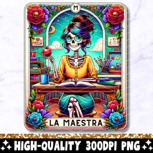 Carte de tarot La Maestra PNG, conception de sublimation drôle de professeur d'espagnol, tasse de T-Shirt de professeur d'école Catrina squelette latina mexicaine PNG, téléchargement