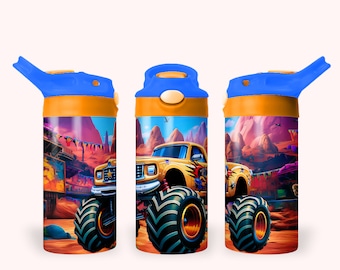 Monster Truck 12oz Kids Flip Top Sippy Cup Tumbler Wrap, 12oz Straight Tumbler Sublimation PNG, Childrens Trucks Tumbler Wrap Design