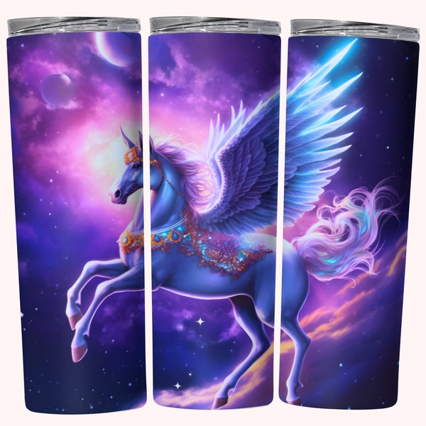 Winged Horse Tumbler Wrap, 20 oz Skinny Tumbler Sublimation Design, Straight & Tapered Tumbler Wrap, Fantasy Flying Horse Unicorn PNG