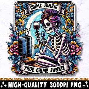 Die True Crime Junkie Tarot Karte PNG, Trendy Skeleton Sublimation Design, Witchy Krimi Liebhaber Lustige Tarot T-Shirt Becher PNG, digitaler Download