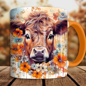 Baby Highland Cow Mug Wrap, 11oz and 15oz Mug Wrap Sublimation Design, Cute Cow With Flowers Mug PNG Template, Instant Digital Download