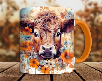 Involucro per tazza di mucca Baby Highland, design a sublimazione per involucro di tazza da 11 once e 15 once, modello PNG di tazza di mucca carina con fiori, download digitale istantaneo