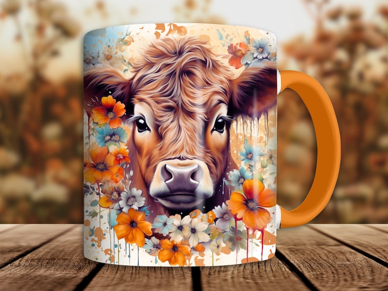 coffee mug with digital design sublimation wrap png.  the image is a baby highland cow surrounded by colorful flowers.  cute baby highland cow coffee mug wrap sublimation png