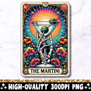 A carta de tarô Martini PNG, design de sublimação de esqueleto, Witchy Martini Glass gótico coquetel cartão de tarô caneca PNG, download digital