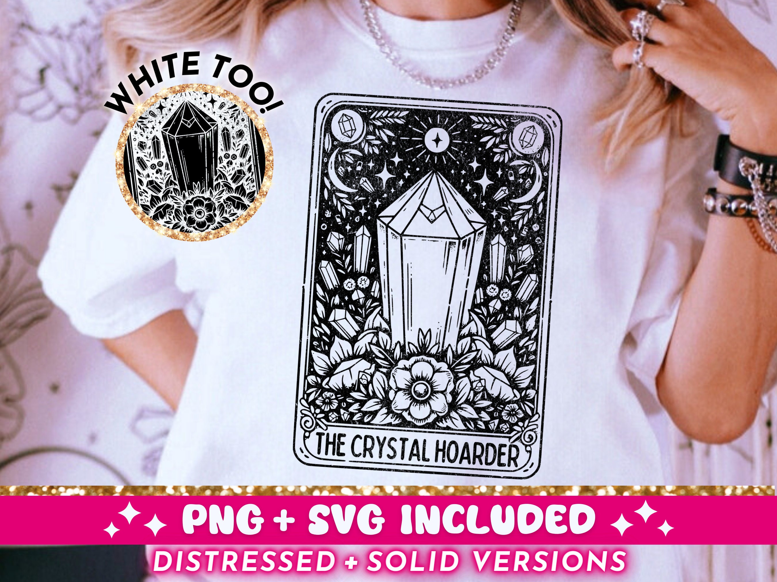 Crystal Hoarder Tarot Card SVG PNG, Witchy Crystals Funny Skeleton Sublimation Design, Gothic T-Shirt png SVG Cut File, Digital Download