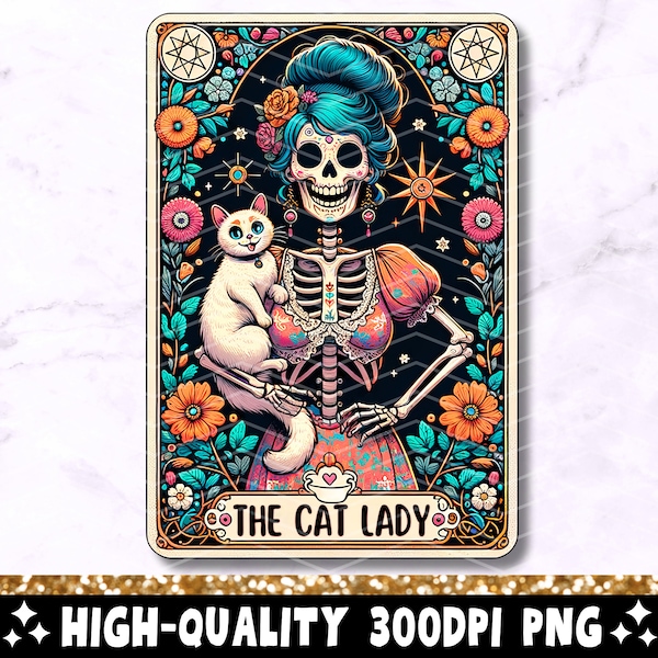 De Cat Lady Tarot Card PNG, Skeleton Sublimation Design, Cat Woman Funny Cat Lover Skull Tarot T-shirt Mok Tote PNG-bestand, Digitale Download