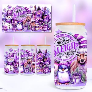 Coquette Christmas Cute 16oz Glass Can Wrap, Holiday Libbey Glass Jar Tumbler UV-DTF Sublimation Design PNG, X-mas Winter Purple Design