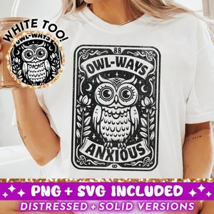 Carte de tarot drôle anxieux chouette SVG PNG, Design cool en sublimation chouette, chouette impertinente anxiété T-Shirt Mug png fichier SVG coupe, téléchargement numérique