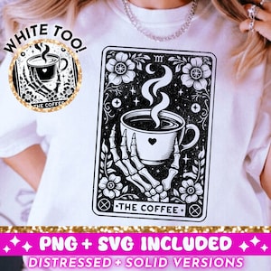 La carta del tarot del café SVG PNG, diseño de sublimación de esqueleto, diseño de camiseta Witchy Vibes, archivo png SVG divertido amante del café, descarga digital