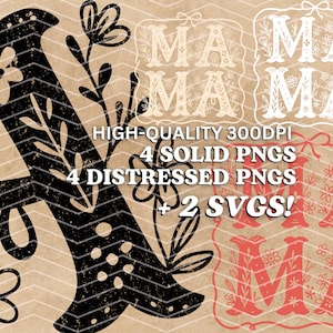 Puede incluir: Una descarga digital de un dise&ntilde;o floral en blanco y negro con la palabra "MAMA" en una fuente desgastada. El dise&ntilde;o est&aacute; disponible en 4 PNG s&oacute;lidos, 4 PNG desgastados y 2 SVG.