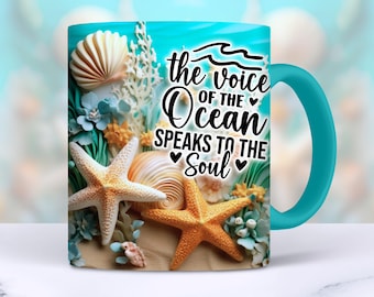 3D Beach Mug Wrap, 11oz and 15oz Vacation Mug Sublimation Design, 3D Ocean Lover Underwater Sea Shells Starfish Mug PNG, Digital Download
